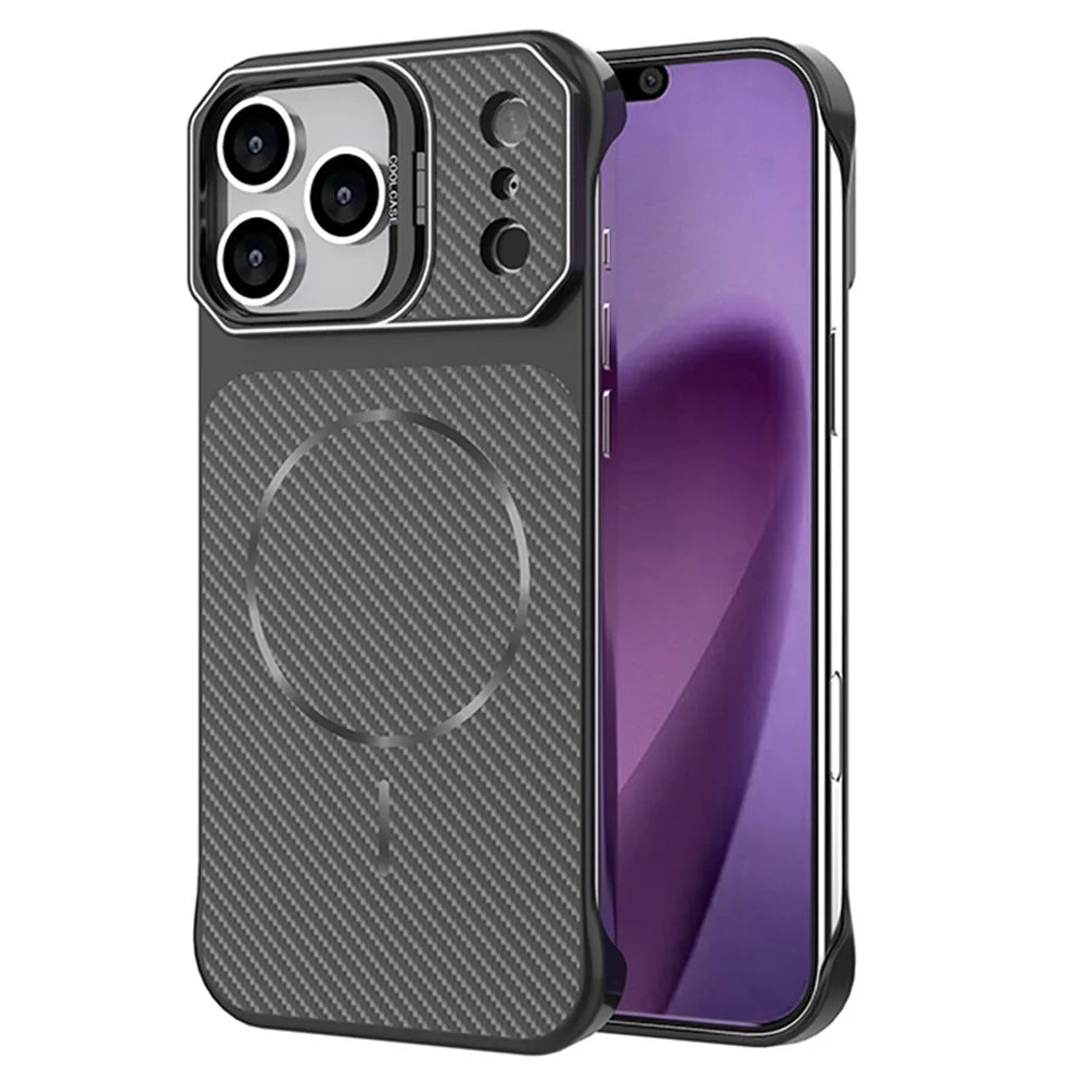 For iPhone 18 Pro / 17 Pro Magnetic Case with Lens Frame Kickstand Carbon Fiber Texture Hard PC Half-Wrapped Phone Cover - Black - 1