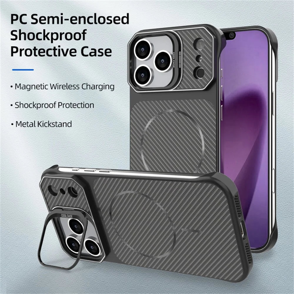 For iPhone 18 Pro / 17 Pro Magnetic Case with Lens Frame Kickstand Carbon Fiber Texture Hard PC Half-Wrapped Phone Cover - Black - 2