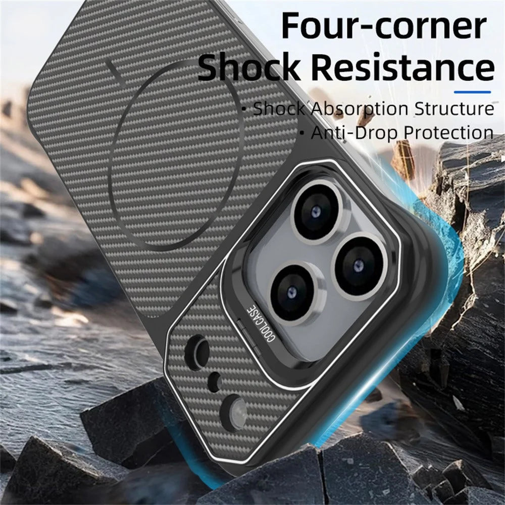 For iPhone 18 Pro / 17 Pro Magnetic Case with Lens Frame Kickstand Carbon Fiber Texture Hard PC Half-Wrapped Phone Cover - Black - 3