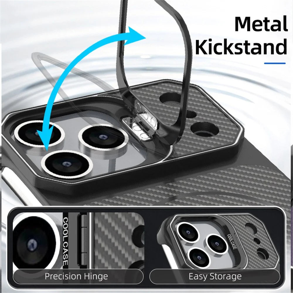 For iPhone 18 Pro / 17 Pro Magnetic Case with Lens Frame Kickstand Carbon Fiber Texture Hard PC Half-Wrapped Phone Cover - Black - 4