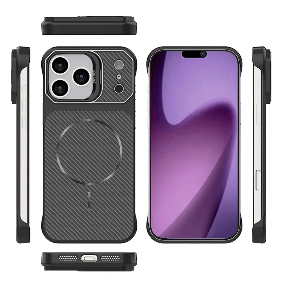 For iPhone 18 Pro / 17 Pro Magnetic Case with Lens Frame Kickstand Carbon Fiber Texture Hard PC Half-Wrapped Phone Cover - Black - 7