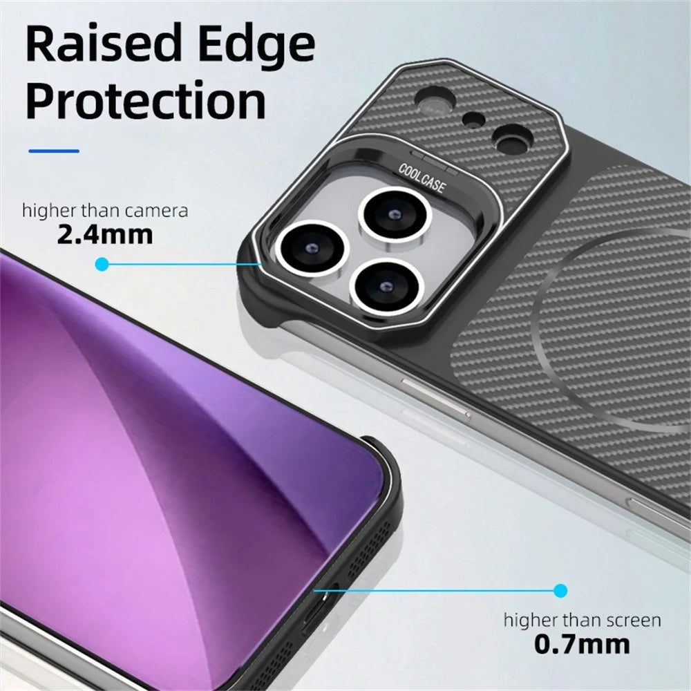 For iPhone 18 Pro Max / 17 Pro Max Magnetic Case with Lens Frame Kickstand Carbon Fiber Texture Hard PC Half-Wrapped Phone Cover - Black - 5