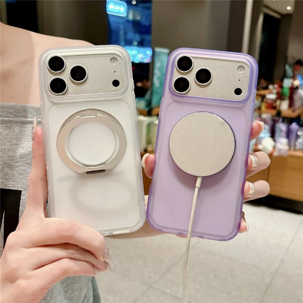 For iPhone 18 Pro Max / 17 Pro Max Case Magnetic Rotating Kickstand Hard PC Frosted Phone Cover - Transparent Orange - 3