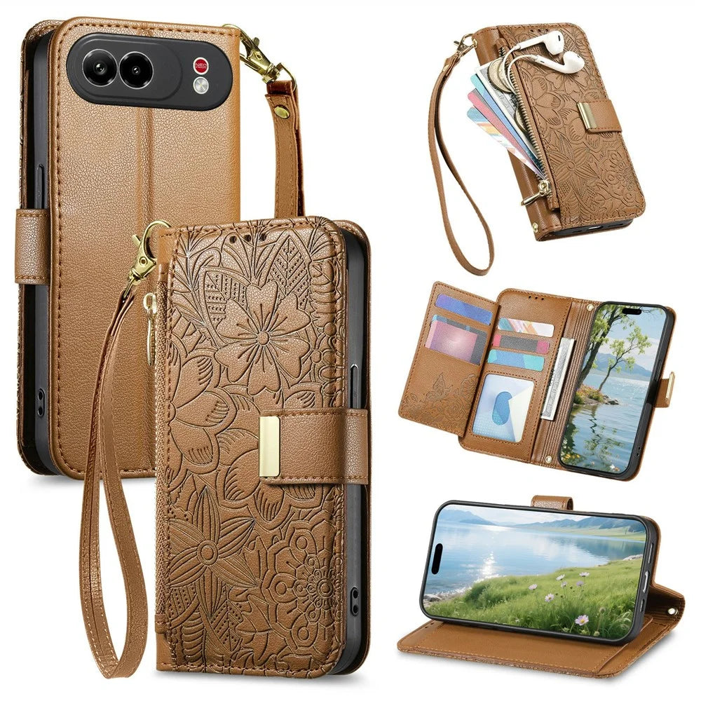 For ZTE nubia Air Pro 5G Case Floral Leaf Pattern Multi Card Slots Zipper Leather Phone Cover with Wrist Strap - Brown - 1