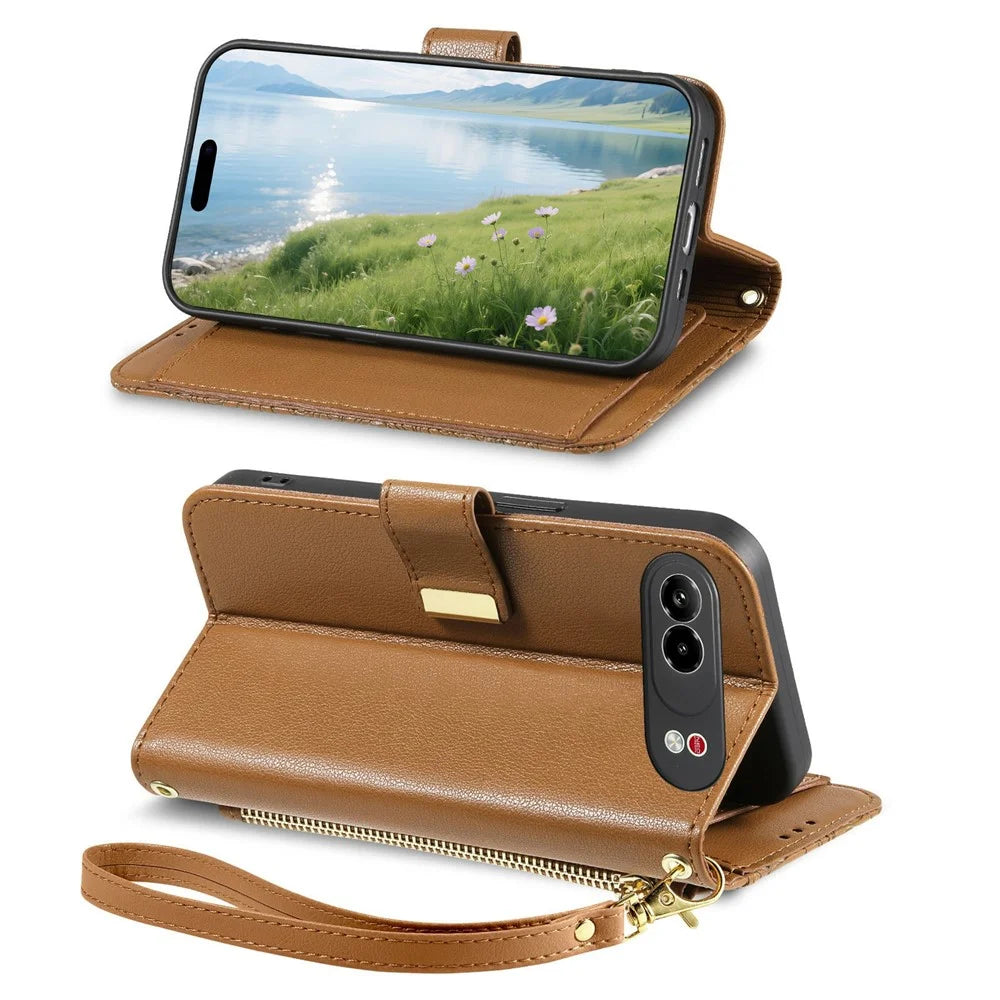 For ZTE nubia Air Pro 5G Case Floral Leaf Pattern Multi Card Slots Zipper Leather Phone Cover with Wrist Strap - Brown - 3