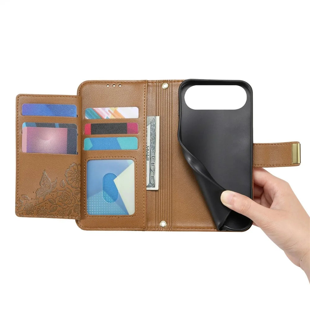 For ZTE nubia Air Pro 5G Case Floral Leaf Pattern Multi Card Slots Zipper Leather Phone Cover with Wrist Strap - Brown - 4