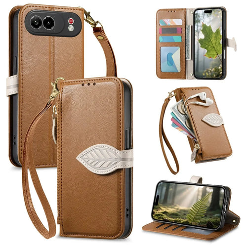 For ZTE nubia Air Pro 5G Stand Case Leaf Shape Magnetic Clasp Leather Phone Cover with Hand Strap - Brown - 1