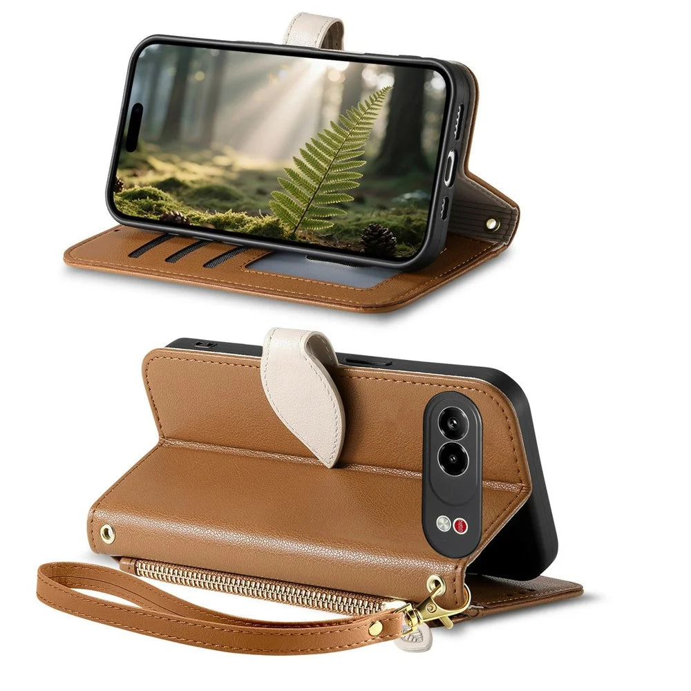 For ZTE nubia Air Pro 5G Stand Case Leaf Shape Magnetic Clasp Leather Phone Cover with Hand Strap - Brown - 3