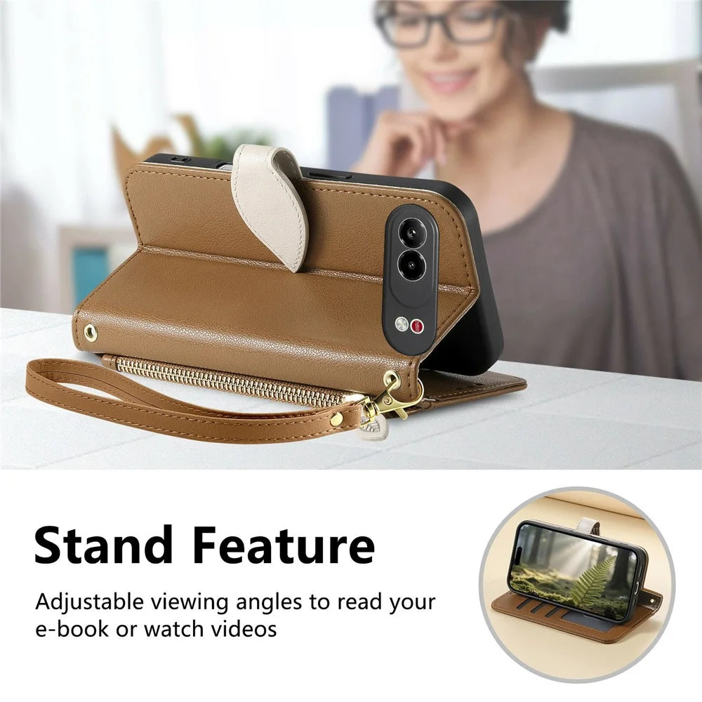 For ZTE nubia Air Pro 5G Stand Case Leaf Shape Magnetic Clasp Leather Phone Cover with Hand Strap - Brown - 5