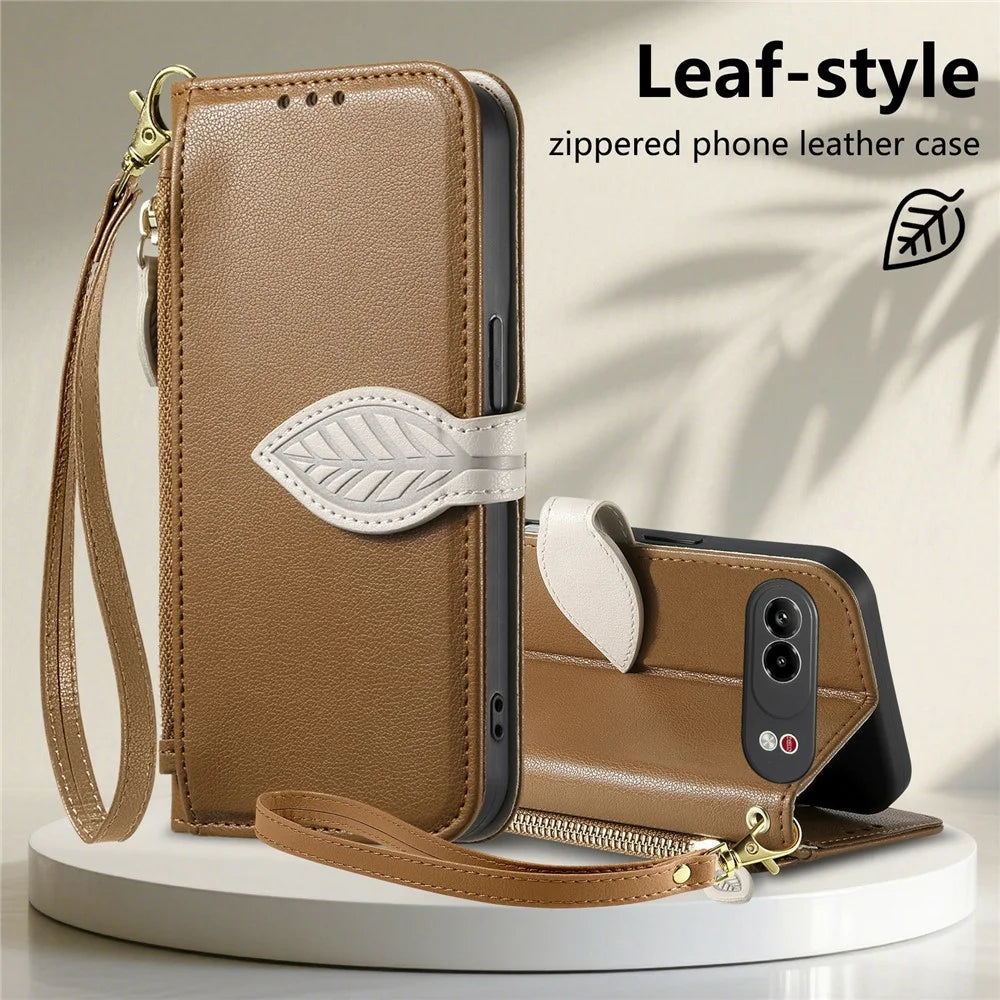 For ZTE nubia Air Pro 5G Stand Case Leaf Shape Magnetic Clasp Leather Phone Cover with Hand Strap - Brown - 6