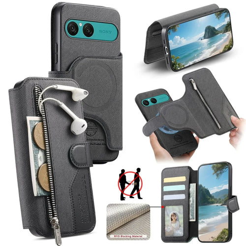 For Sony Xperia 10 VII Magnetic Case RFID Blocking Detachable Wallet Stand Cloth Texture Leather Phone Cover - Black - 1