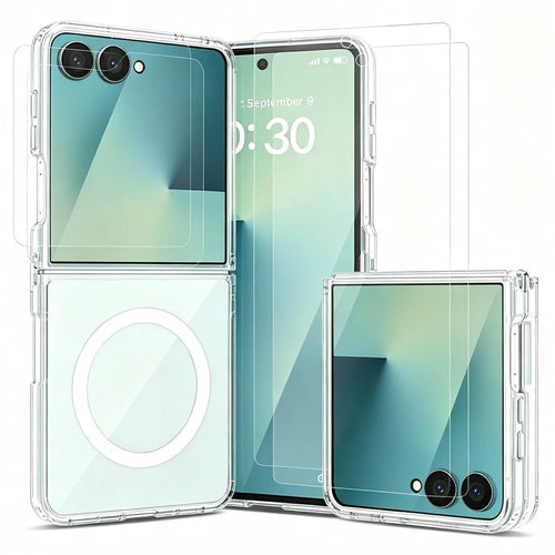 For Samsung Galaxy Z Flip7 5G Magnetic Case PC + TPU Clear Phone Cover + 2Pcs Outer Screen Tempered Glass Film + 2Pcs Inner Screen Hydrogel Film - Transparent - 1