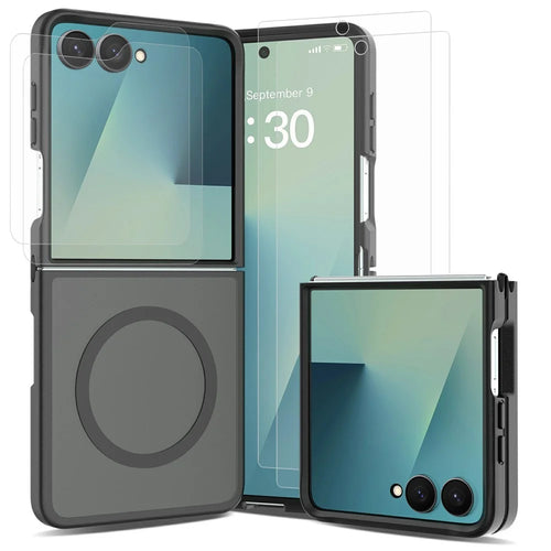 For Samsung Galaxy Z Flip7 5G TPU+PC Magnetic Case with 2Pcs Outer Screen Tempered Glass Film + 2Pcs Inner Screen Hydrogel Film - Black - 1