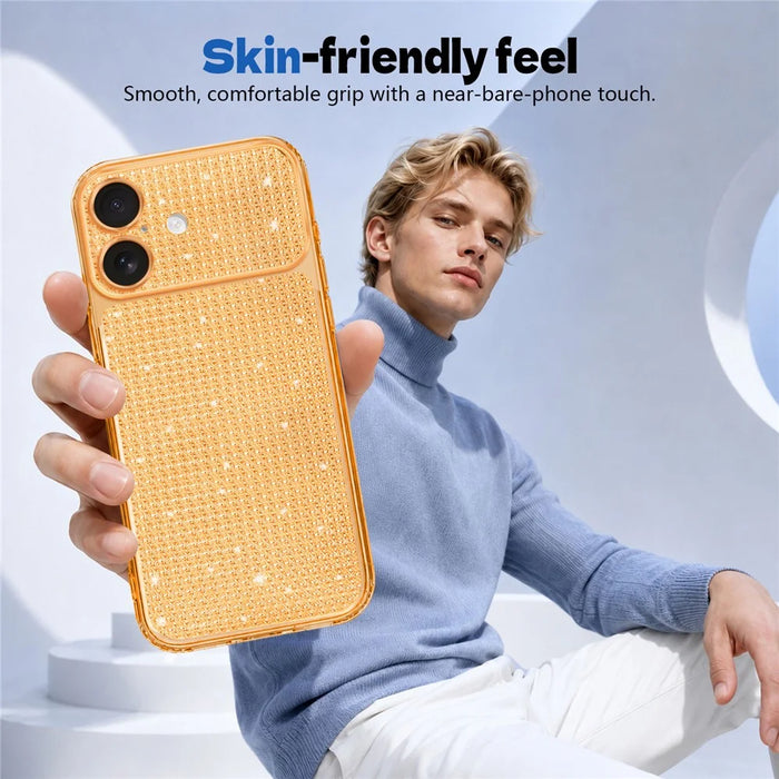 For iPhone 16 TPU Case Diamond Texture Glitter Shockproof Phone Cover with Airbag Corner - Orange - 2