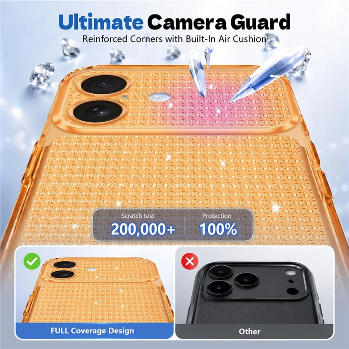 For iPhone 16 TPU Case Diamond Texture Glitter Shockproof Phone Cover with Airbag Corner - Orange - 5
