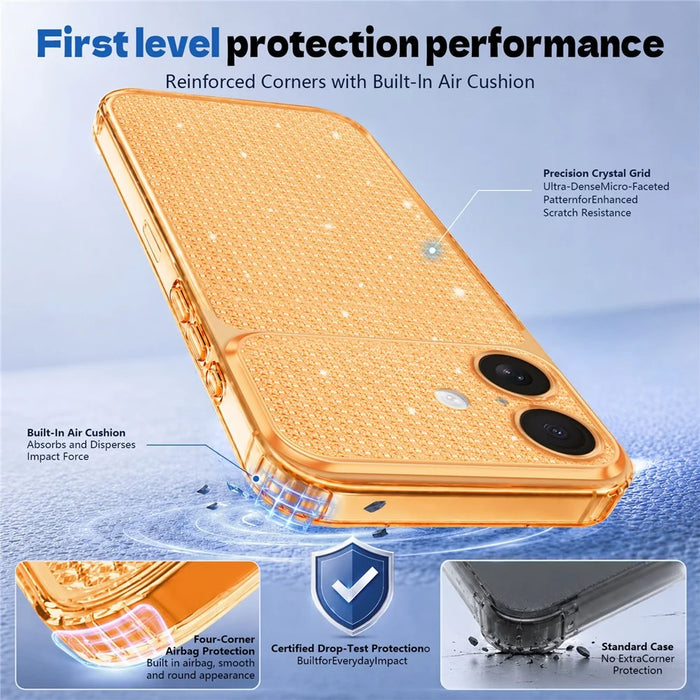 For iPhone 16 TPU Case Diamond Texture Glitter Shockproof Phone Cover with Airbag Corner - Orange - 6