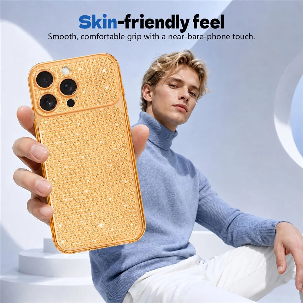 For iPhone 16 Pro Max TPU Case Diamond Texture Glitter Shockproof Phone Cover with Airbag Corner - Orange - 2