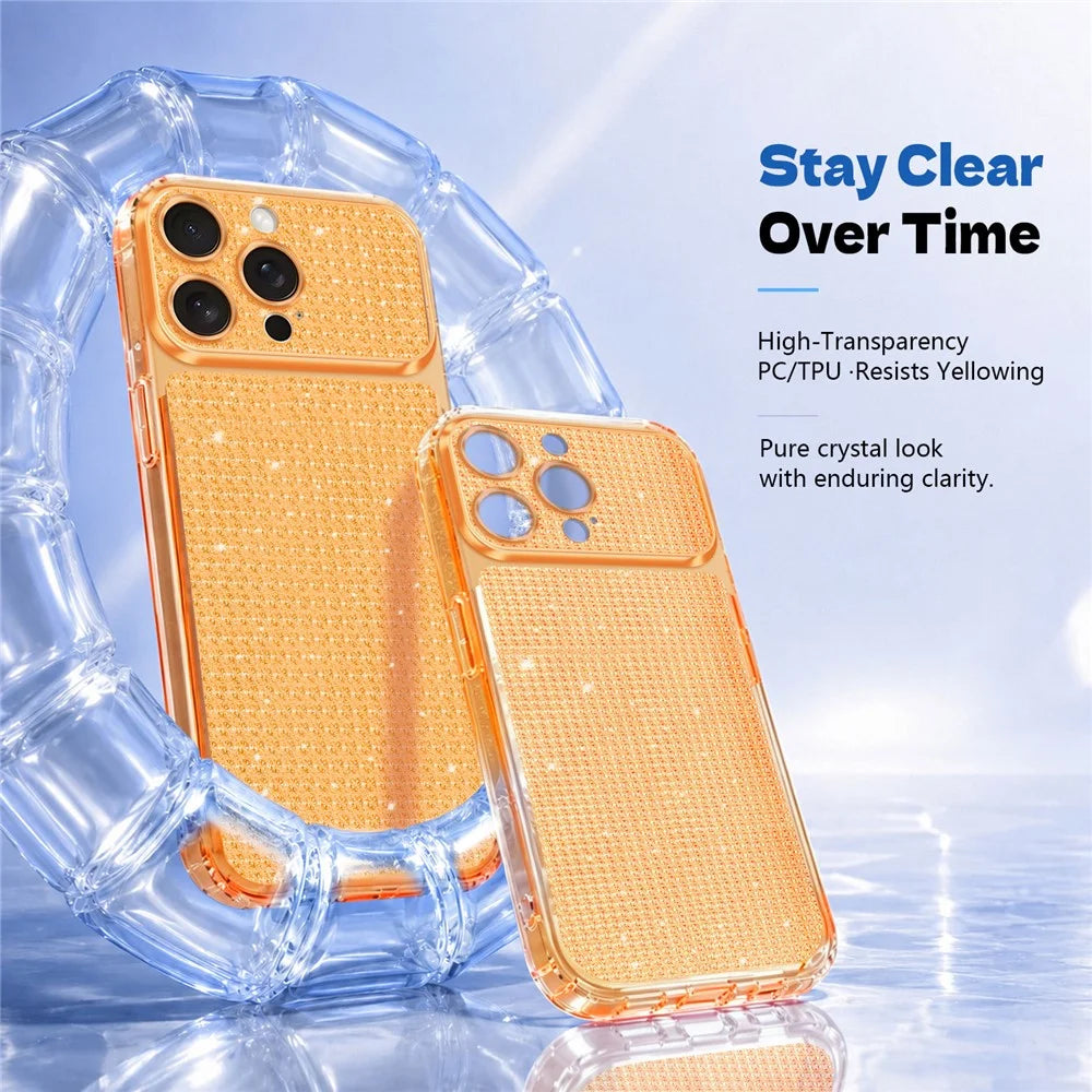 For iPhone 16 Pro Max TPU Case Diamond Texture Glitter Shockproof Phone Cover with Airbag Corner - Orange - 4