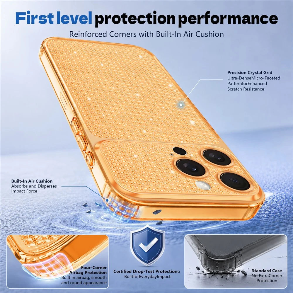 For iPhone 16 Pro Max TPU Case Diamond Texture Glitter Shockproof Phone Cover with Airbag Corner - Orange - 6