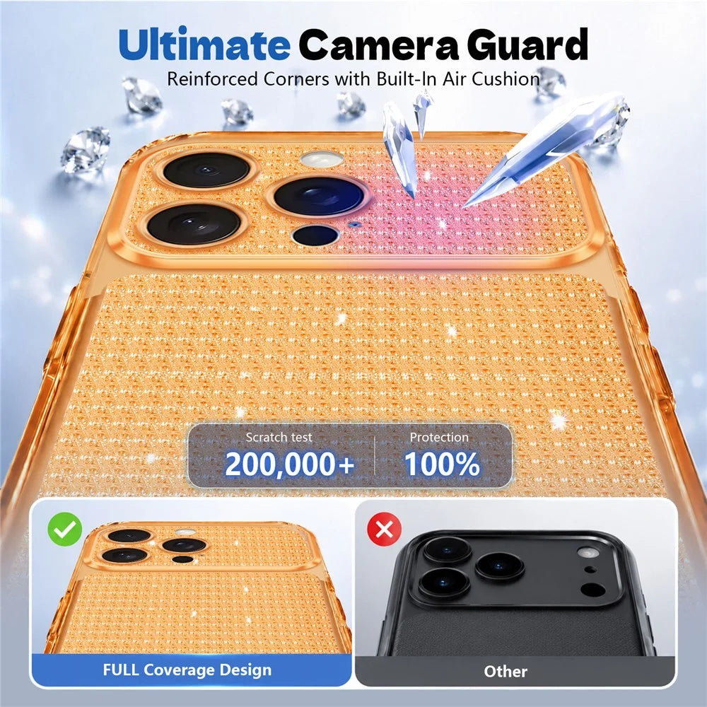 For iPhone 16 Pro TPU Case Diamond Texture Glitter Shockproof Phone Cover with Airbag Corner - Orange - 5