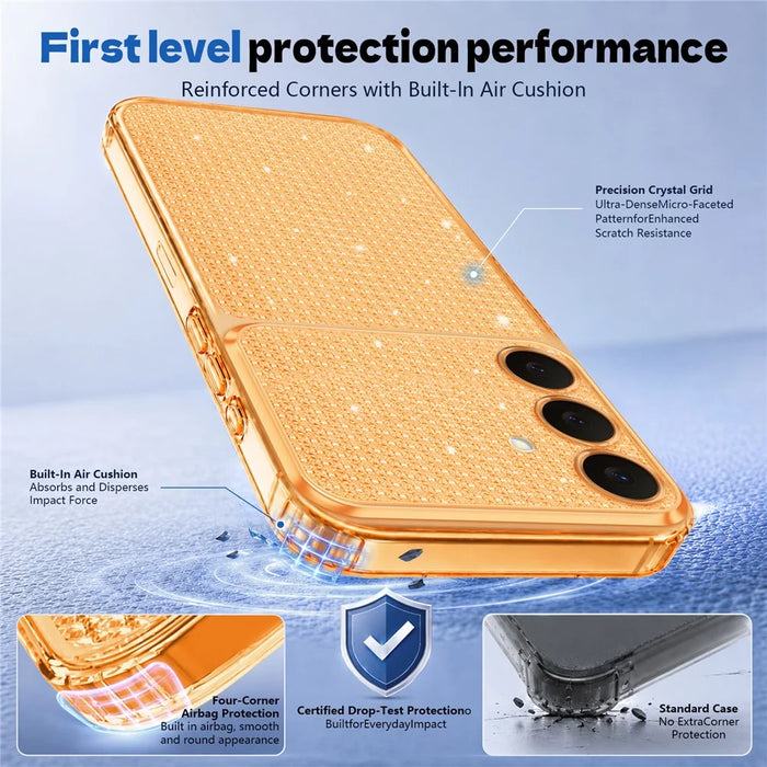 For Samsung Galaxy S26+ TPU Case Diamond Texture Glitter Shockproof Phone Cover with Airbag Corner - Orange - 6