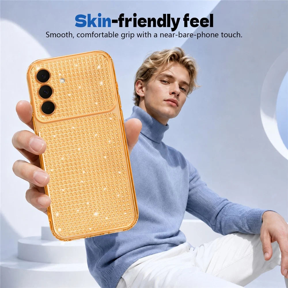 For Samsung Galaxy A57 5G TPU Case Diamond Texture Glitter Shockproof Phone Cover with Airbag Corner - Orange - 2