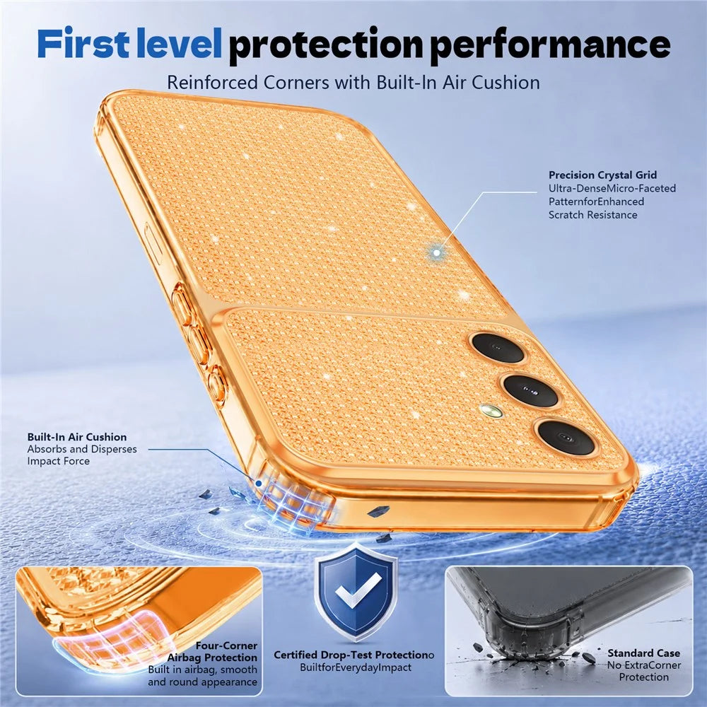 For Samsung Galaxy A16 5G  /  Galaxy A16 4G TPU Case Diamond Texture Glitter Shockproof Phone Cover with Airbag Corner - Orange - 6