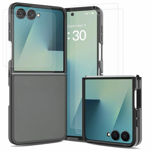 For Samsung Galaxy Z Flip7 5G Case TPU + PC Skin-Feel Phone Cover with 2Pcs Outer Screen Tempered Glass Film + 2Pcs Inner Screen Hydrogel Film - Black - 1