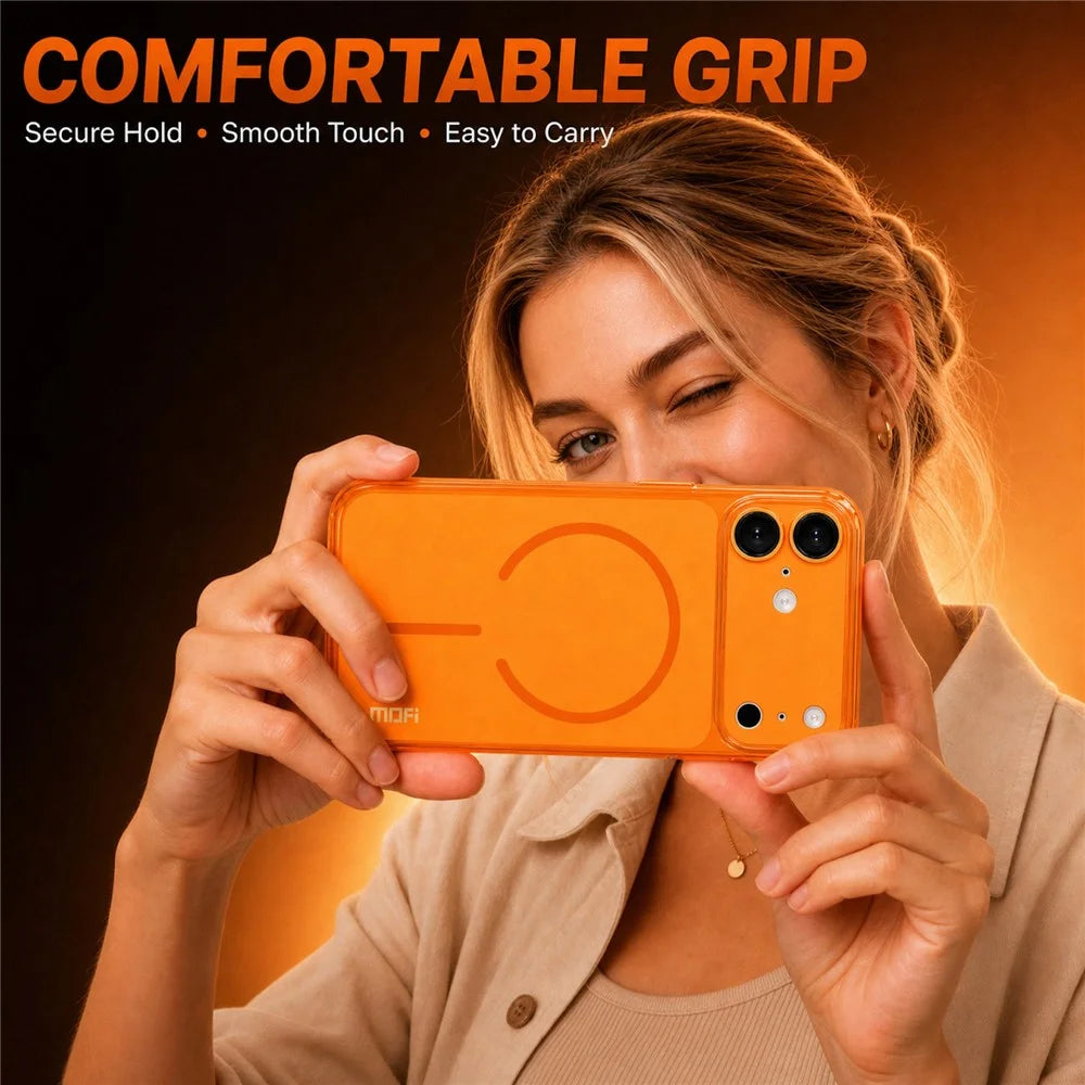 MOFI for iPhone 17 Magnetic Case Frosted Translucent TPU Shockproof Phone Cover with Camera Lens Protector - Orange - 4
