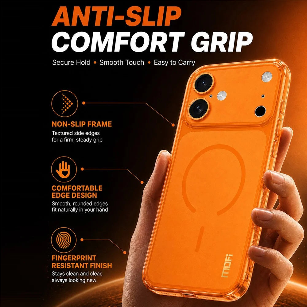 MOFI for iPhone 17 Magnetic Case Frosted Translucent TPU Shockproof Phone Cover with Camera Lens Protector - Orange - 6