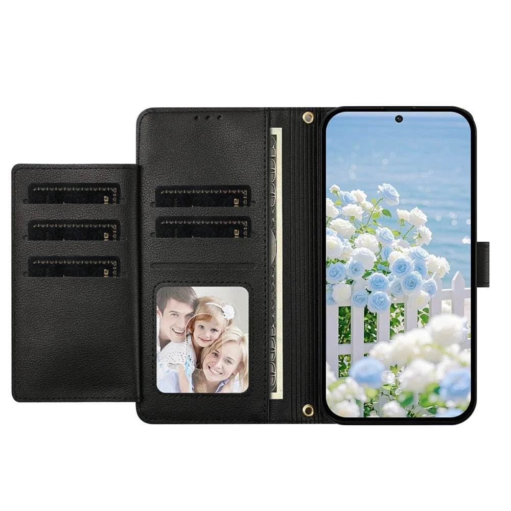 For iPhone 17 Case PU Leather Butterfly Floral Zippered Wallet Phone Cover with Wrist Strap / Shoulder Strap - Black - 2