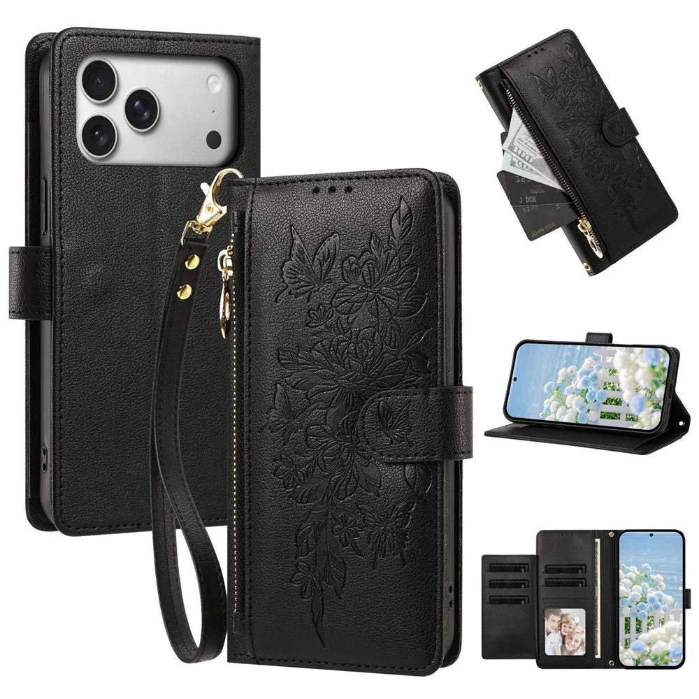 For iPhone 17 Pro Case PU Leather Butterfly Floral Zippered Wallet Phone Cover with Wrist Strap / Shoulder Strap - Black - 1
