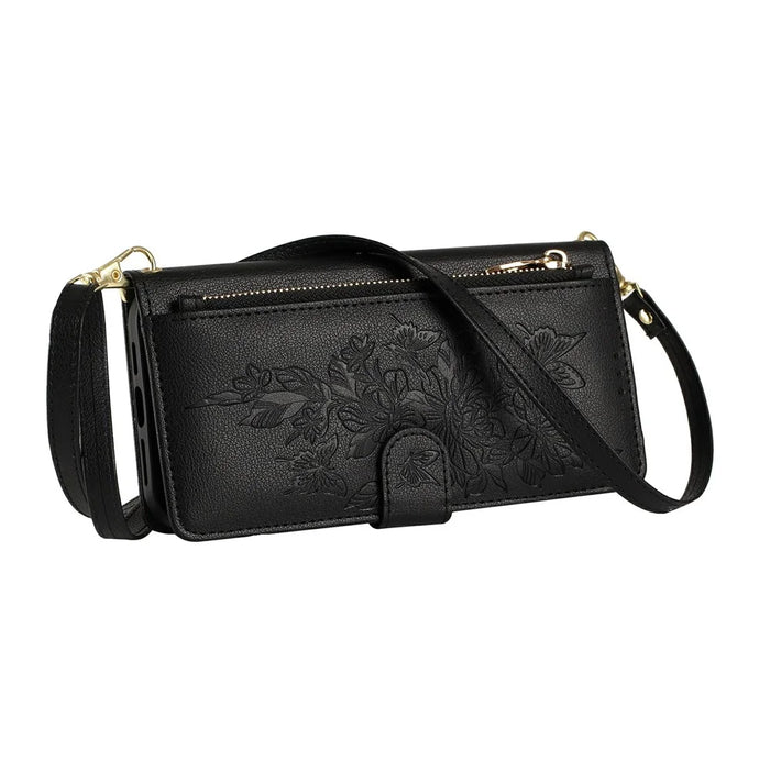 For Samsung Galaxy S26+ Case PU Leather Butterfly Floral Zippered Wallet Phone Cover with Wrist Strap / Shoulder Strap - Black - 5