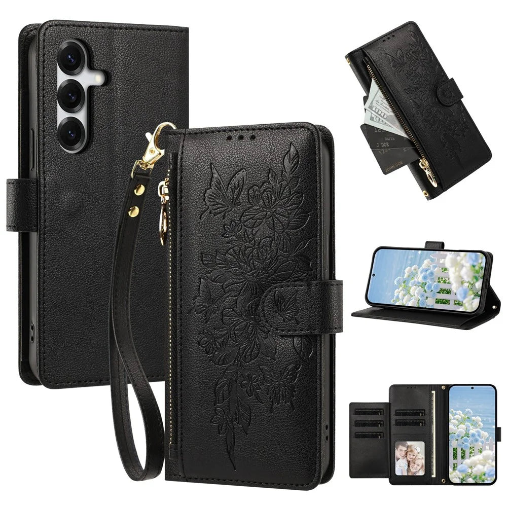 For Samsung Galaxy S26 FE Case PU Leather Butterfly Floral Zippered Wallet Phone Cover with Wrist Strap / Shoulder Strap - Black - 1