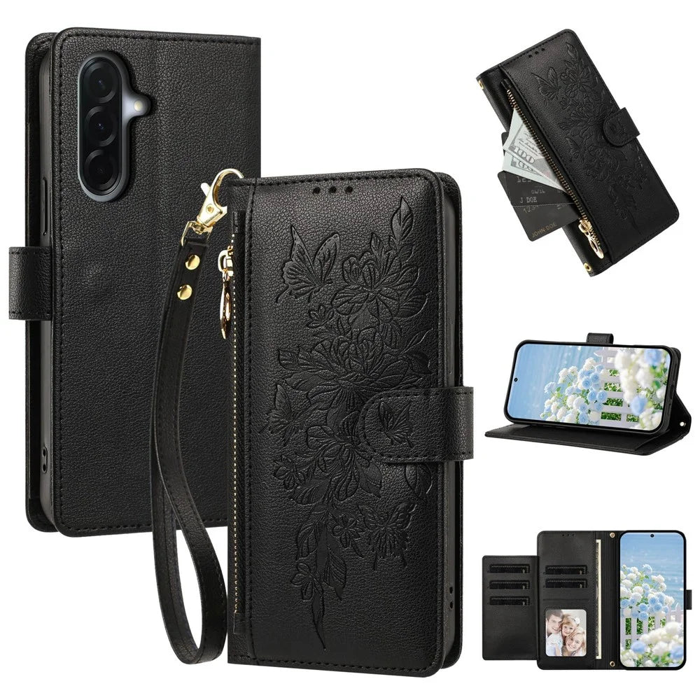 For Samsung Galaxy A27 5G Case PU Leather Butterfly Floral Zippered Wallet Phone Cover with Wrist Strap / Shoulder Strap - Black - 1