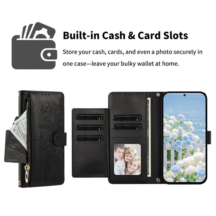 For Samsung Galaxy A37 5G Case PU Leather Butterfly Floral Zippered Wallet Phone Cover with Wrist Strap / Shoulder Strap - Black - 6
