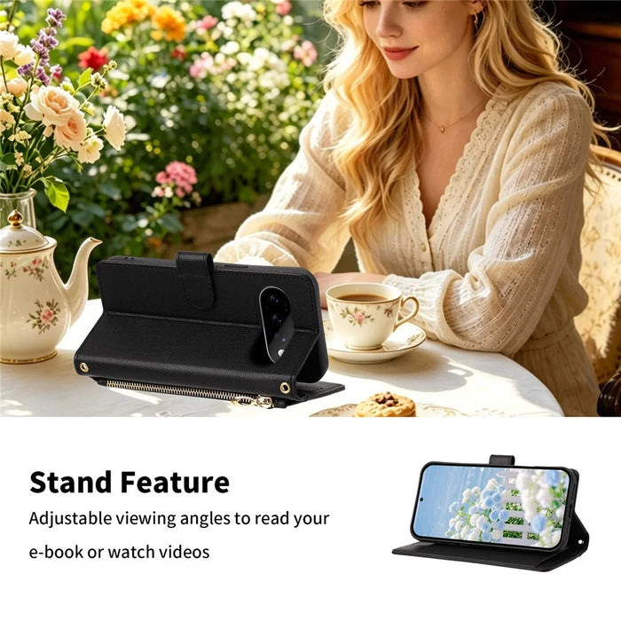 For Google Pixel 11 Pro XL Case PU Leather Butterfly Floral Zippered Wallet Phone Cover with Wrist Strap  /  Shoulder Strap - Black - 4