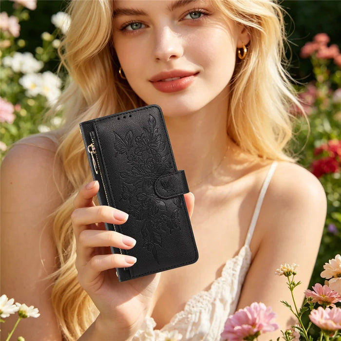 For Google Pixel 11 Pro XL Case PU Leather Butterfly Floral Zippered Wallet Phone Cover with Wrist Strap  /  Shoulder Strap - Black - 7