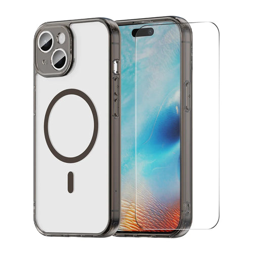 HAT PRINCE for iPhone 16 ENKAY  Magnetic Case Crystal Clear TPU Phone Cover with High Aluminium-silicon Glass Screen Protector - Black - 1