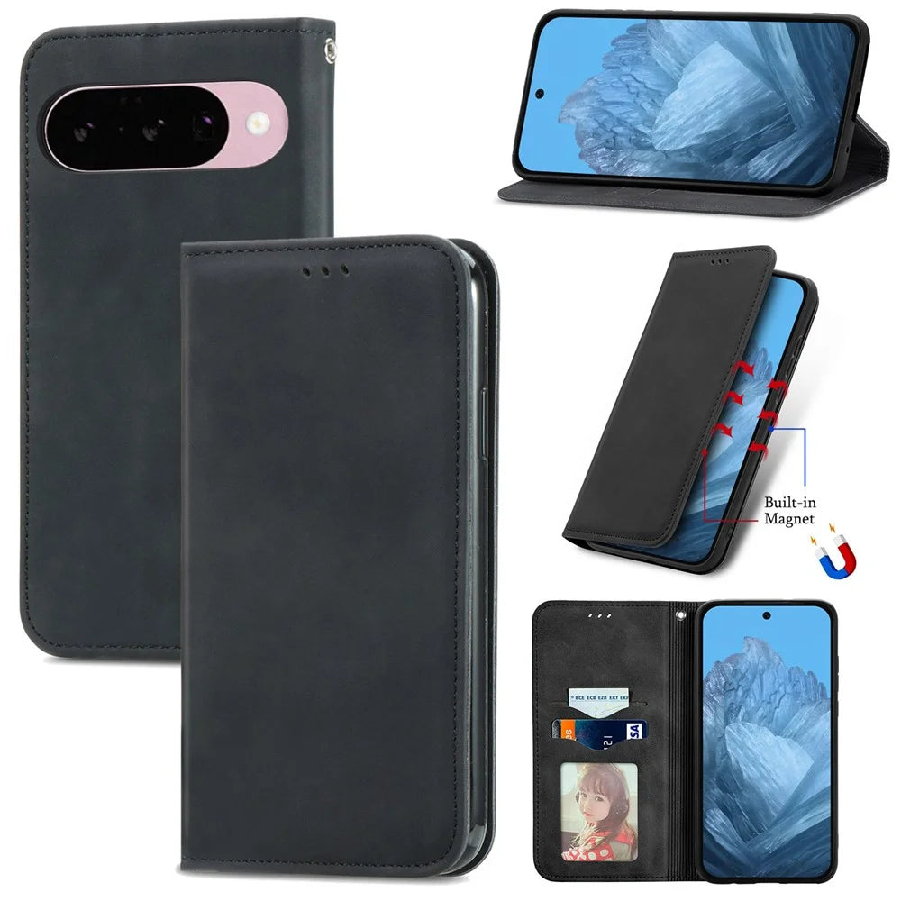 For Google Pixel 11 Pro  /  Pixel 11 Leather Case with Card Holder Magnetic Absorption Phone Cover - Black - 5