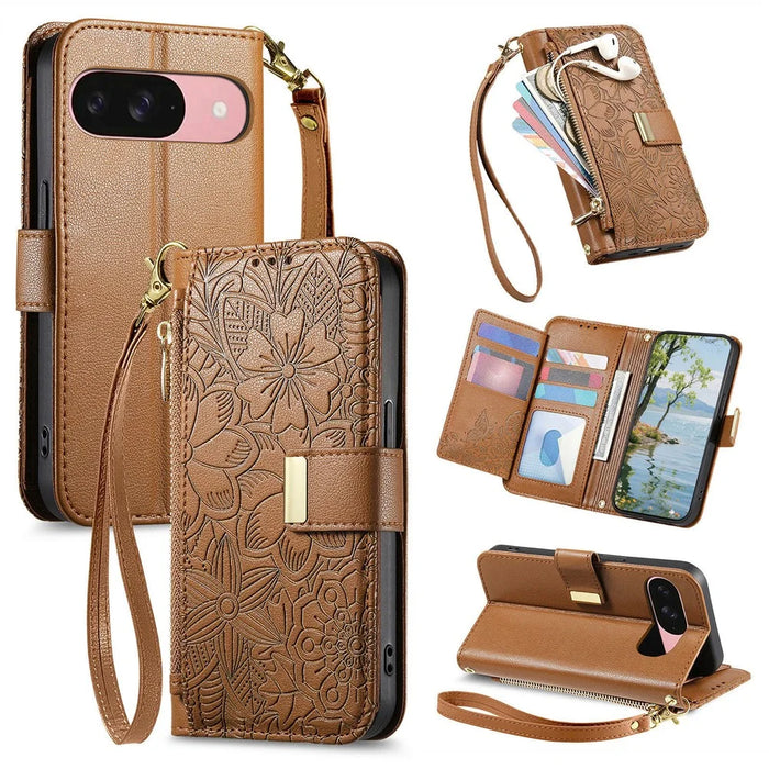 For Google Pixel 11 Pro  /  Pixel 11 Case Floral Leaf Pattern Multi Card Slots Zipper Leather Phone Cover with Wrist Strap - Brown - 1
