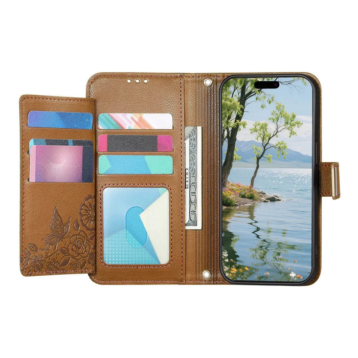 For Google Pixel 11 Pro  /  Pixel 11 Case Floral Leaf Pattern Multi Card Slots Zipper Leather Phone Cover with Wrist Strap - Brown - 2