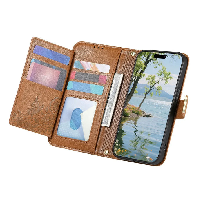 For Google Pixel 11 Pro  /  Pixel 11 Case Floral Leaf Pattern Multi Card Slots Zipper Leather Phone Cover with Wrist Strap - Brown - 3