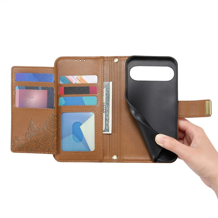 For Google Pixel 11 Pro  /  Pixel 11 Case Floral Leaf Pattern Multi Card Slots Zipper Leather Phone Cover with Wrist Strap - Brown - 5