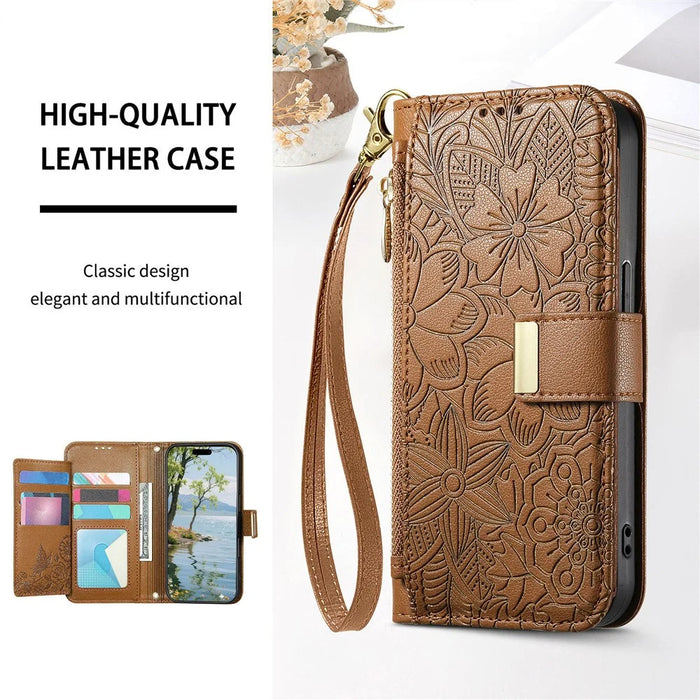 For Google Pixel 11 Pro  /  Pixel 11 Case Floral Leaf Pattern Multi Card Slots Zipper Leather Phone Cover with Wrist Strap - Brown - 6