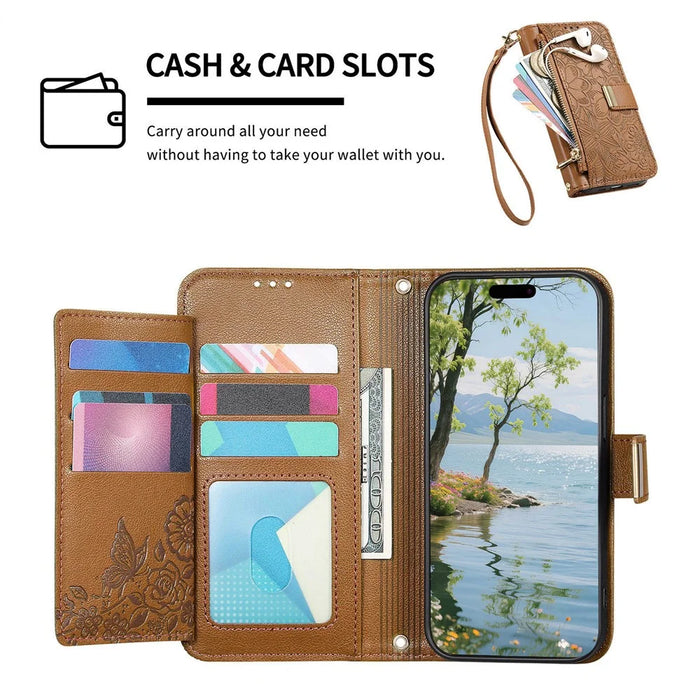 For Google Pixel 11 Pro  /  Pixel 11 Case Floral Leaf Pattern Multi Card Slots Zipper Leather Phone Cover with Wrist Strap - Brown - 7