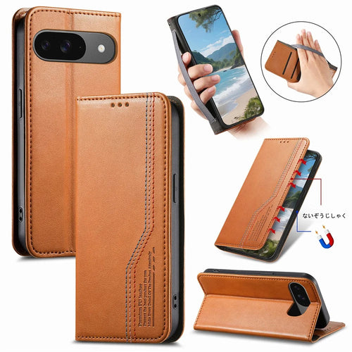 For Google Pixel 11 Pro  /  Pixel 11 Case Wallet Tri-Color Stitching Leather Phone Cover with Elastic Wristband - Brown - 1