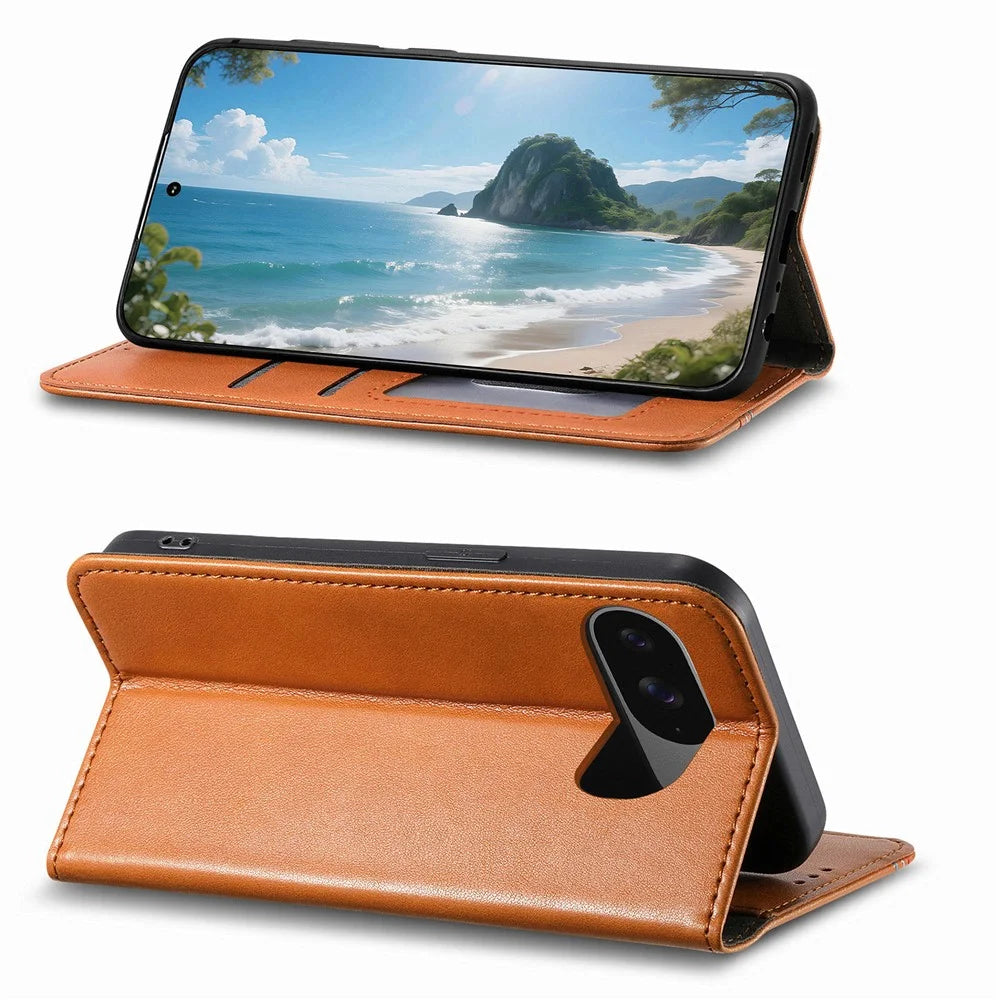 For Google Pixel 11 Pro  /  Pixel 11 Case Wallet Tri-Color Stitching Leather Phone Cover with Elastic Wristband - Brown - 3