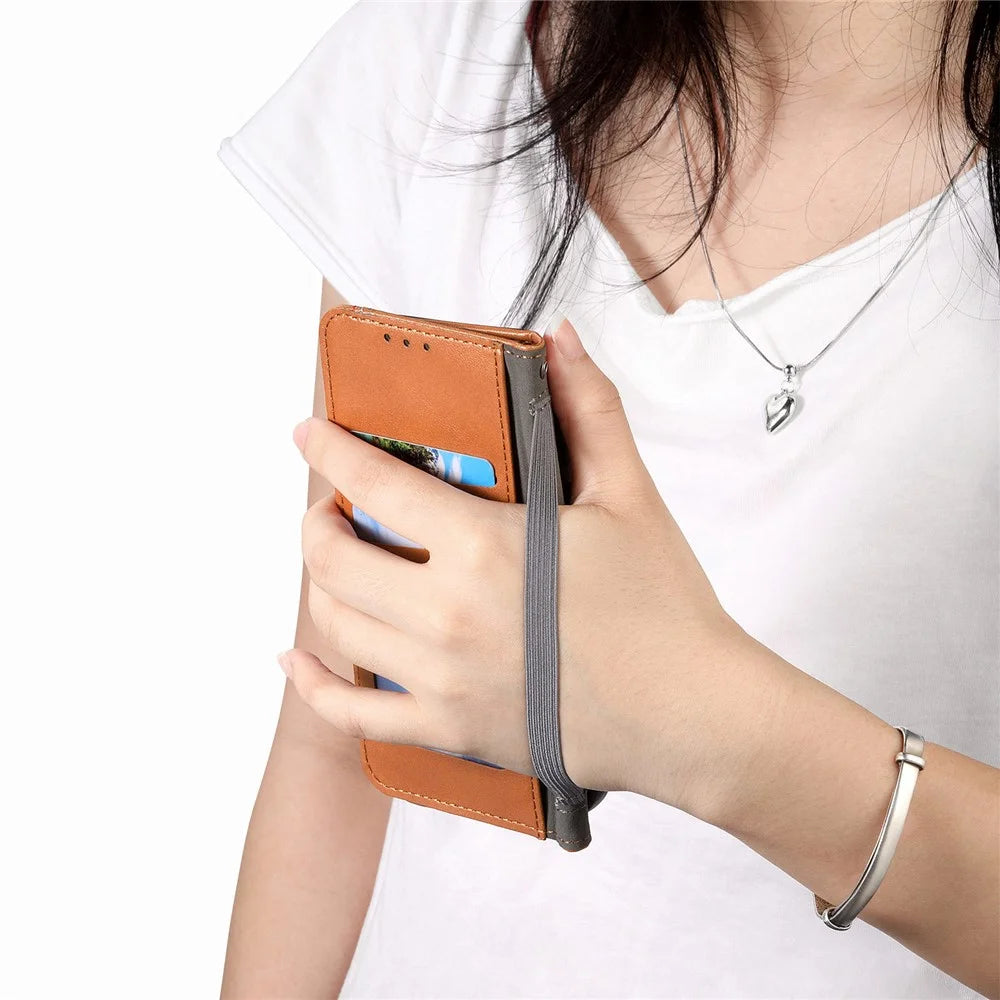 For Google Pixel 11 Pro  /  Pixel 11 Case Wallet Tri-Color Stitching Leather Phone Cover with Elastic Wristband - Brown - 5