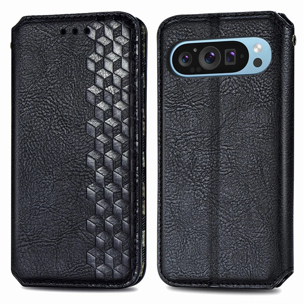 For Google Pixel 11 Pro  /  Pixel 11 Case Rhombus Imprint PU Leather Wallet Phone Cover - Black - 1